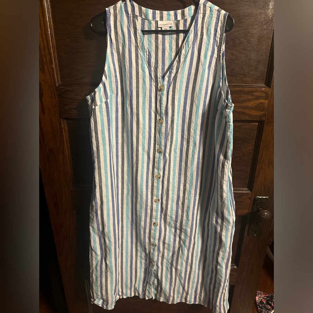 Liz Claiborne Blue and White Striped Dress, Linen Blend, EUC